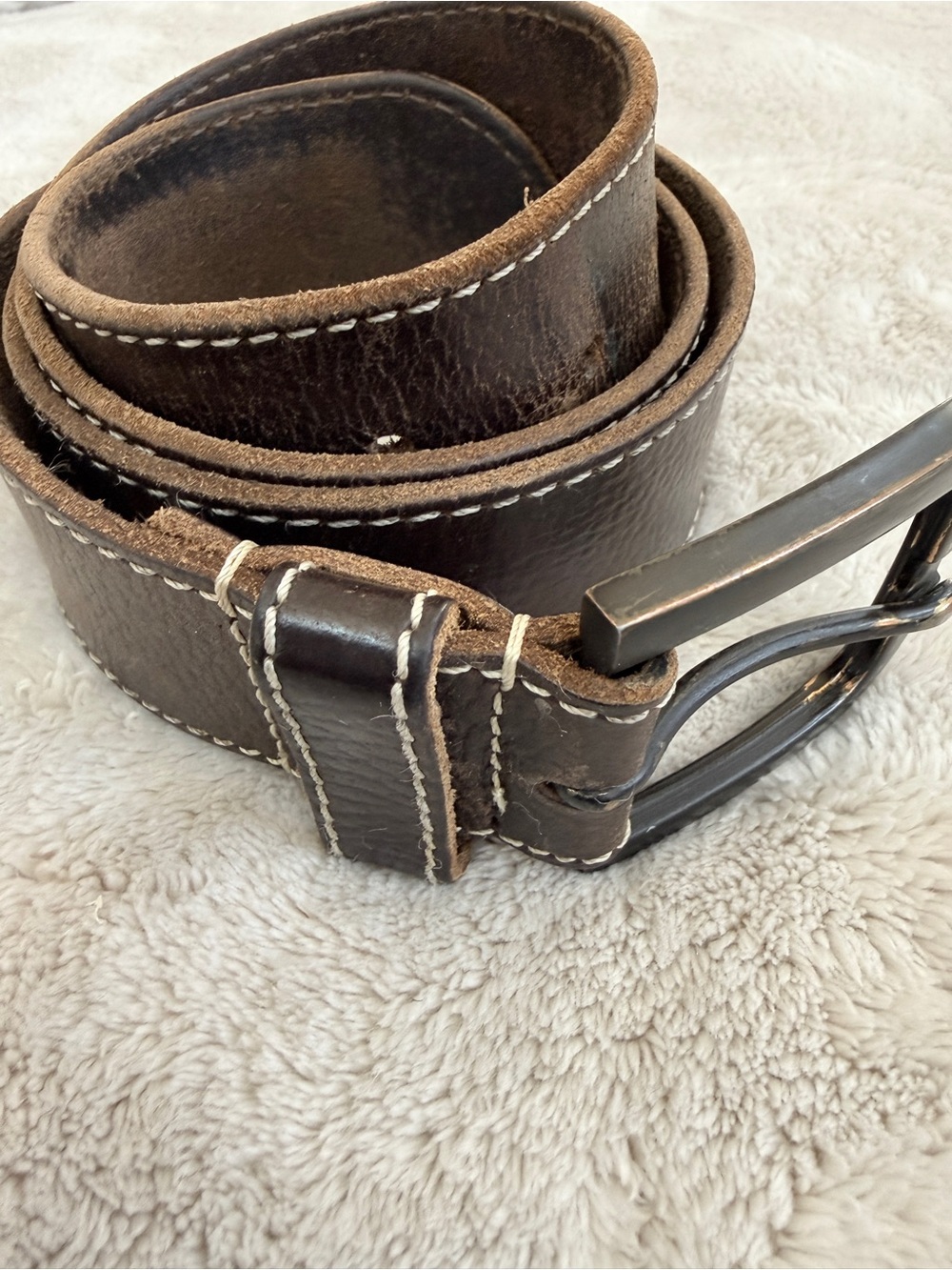 Timberland Dark Brown Leather Belt with Contrast White Stitching